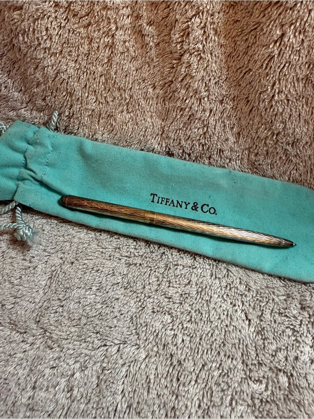 Tiffany & Co. 925 Silver Textured Ballpoint Pen with Blue Pouch
